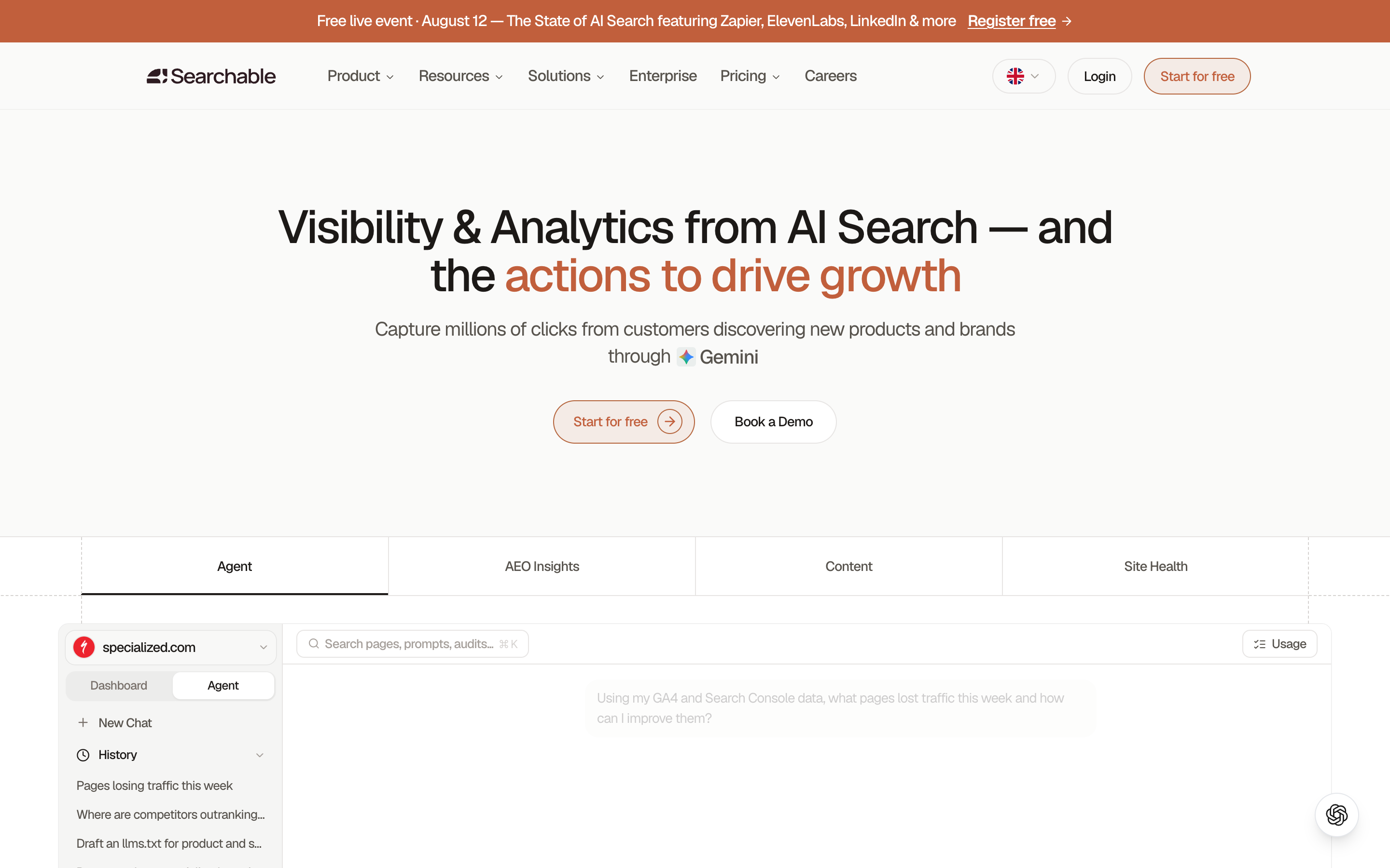 Searchable homepage: visibility and analytics from AI search