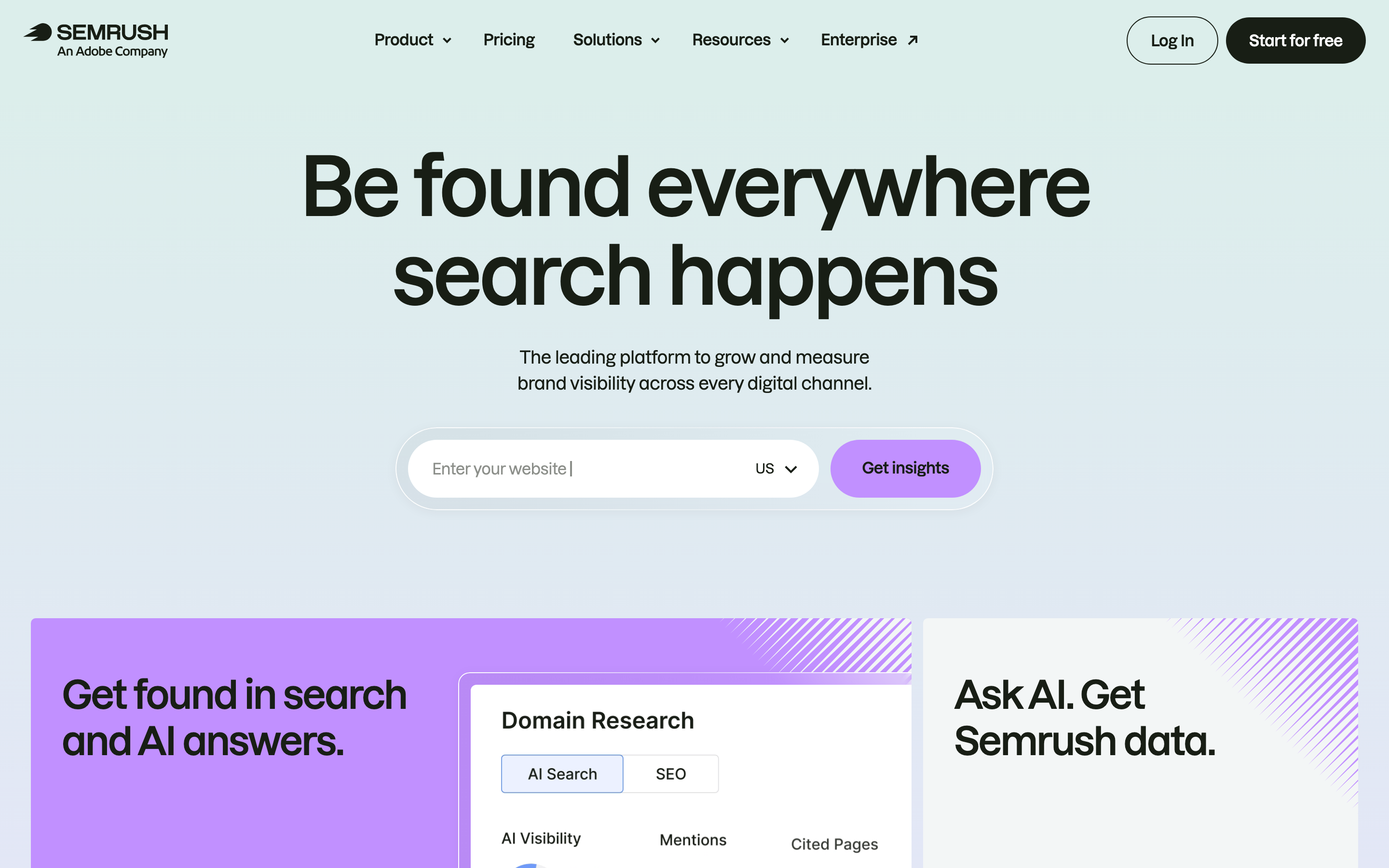 Semrush homepage: brand visibility across search and AI
