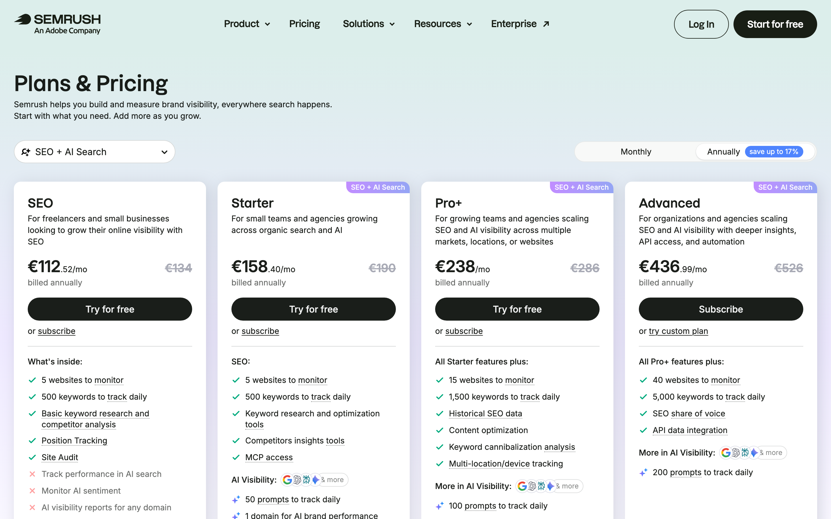SEO + AI Search plans with prompt tracking
